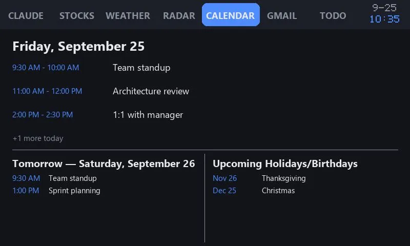 Calendar tab (demo data)