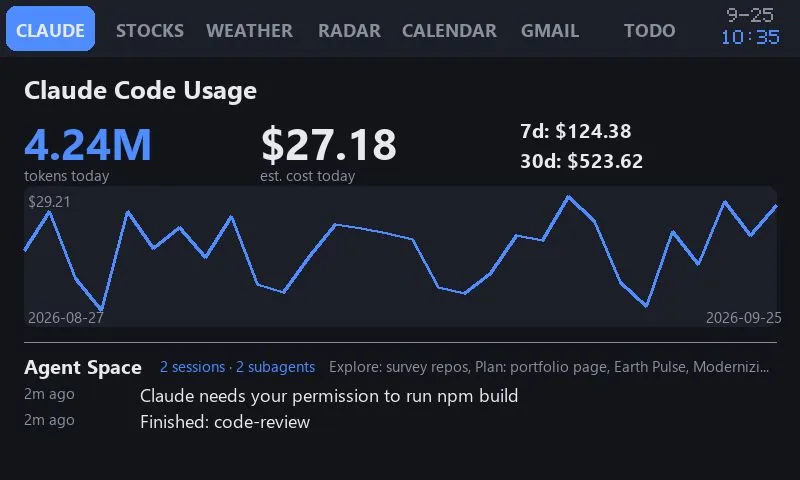 Claude Code usage and Agent Space tab (demo data)