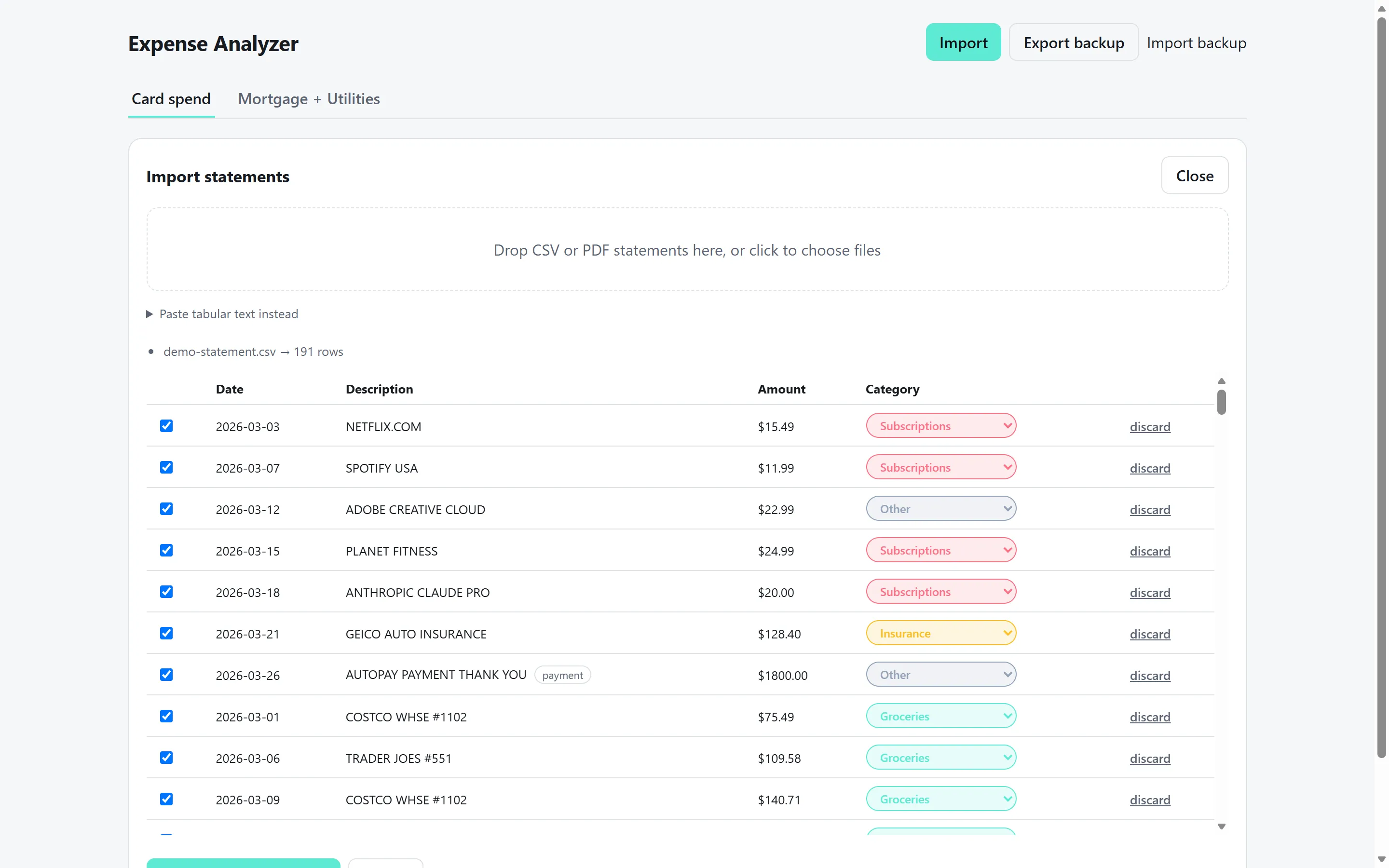Import preview with auto-categorization (synthetic demo data)