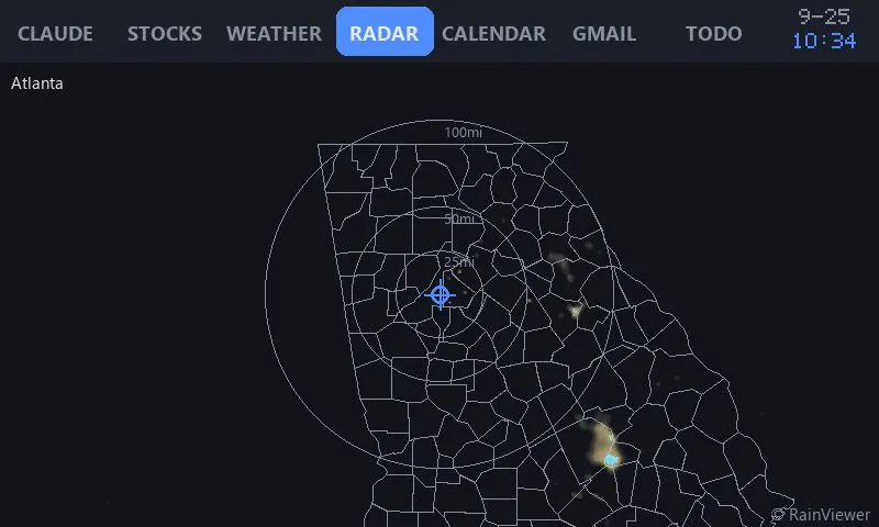 Rain radar with county outlines